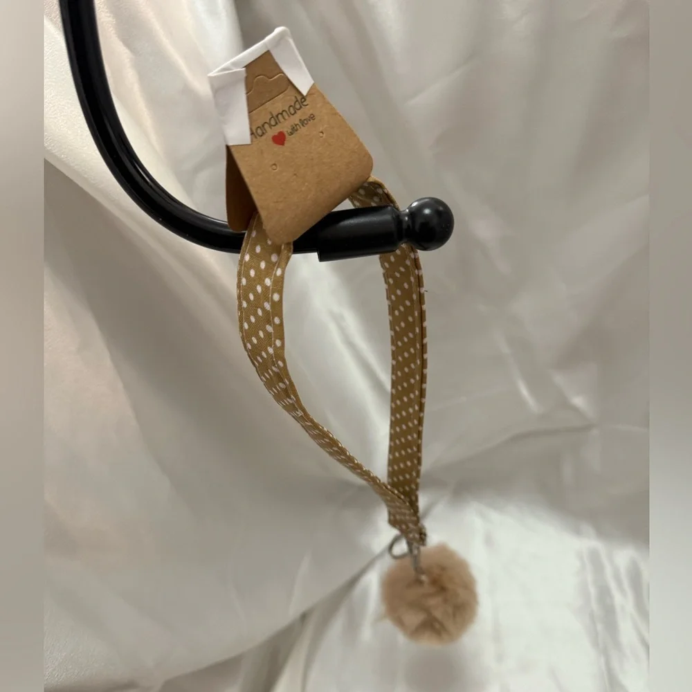 Handmade Brown and White Polka Dot Wristlet Keychain with Light Brown Pompom